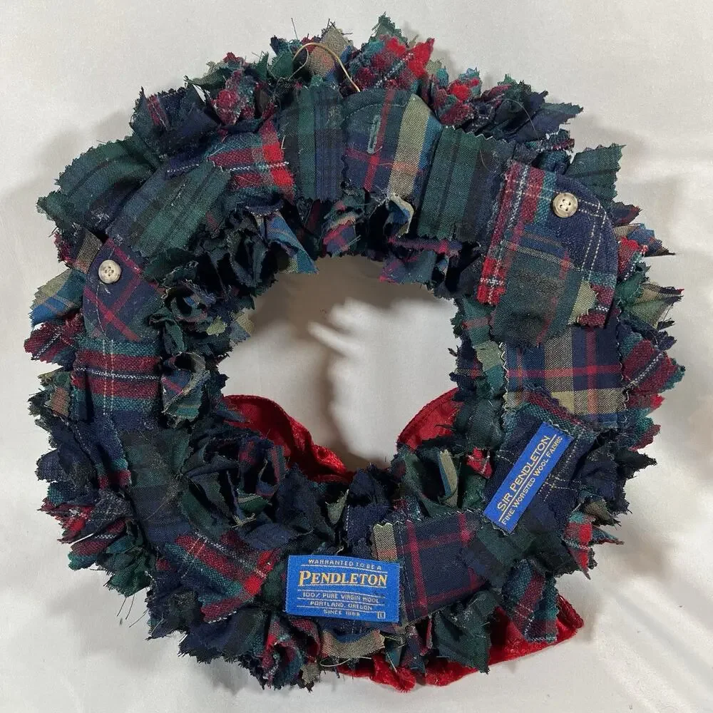 Handmade Pendleton Wool Shirt Wreath 12” Christmas Winter Plaid Red Velvet Bow